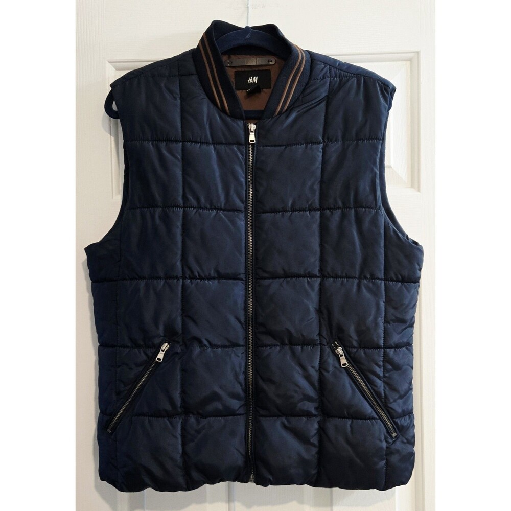 H&M Black Tag Mens Puffer Vest 40R Medium Navy Blue Quilted Bomber Collar Zip